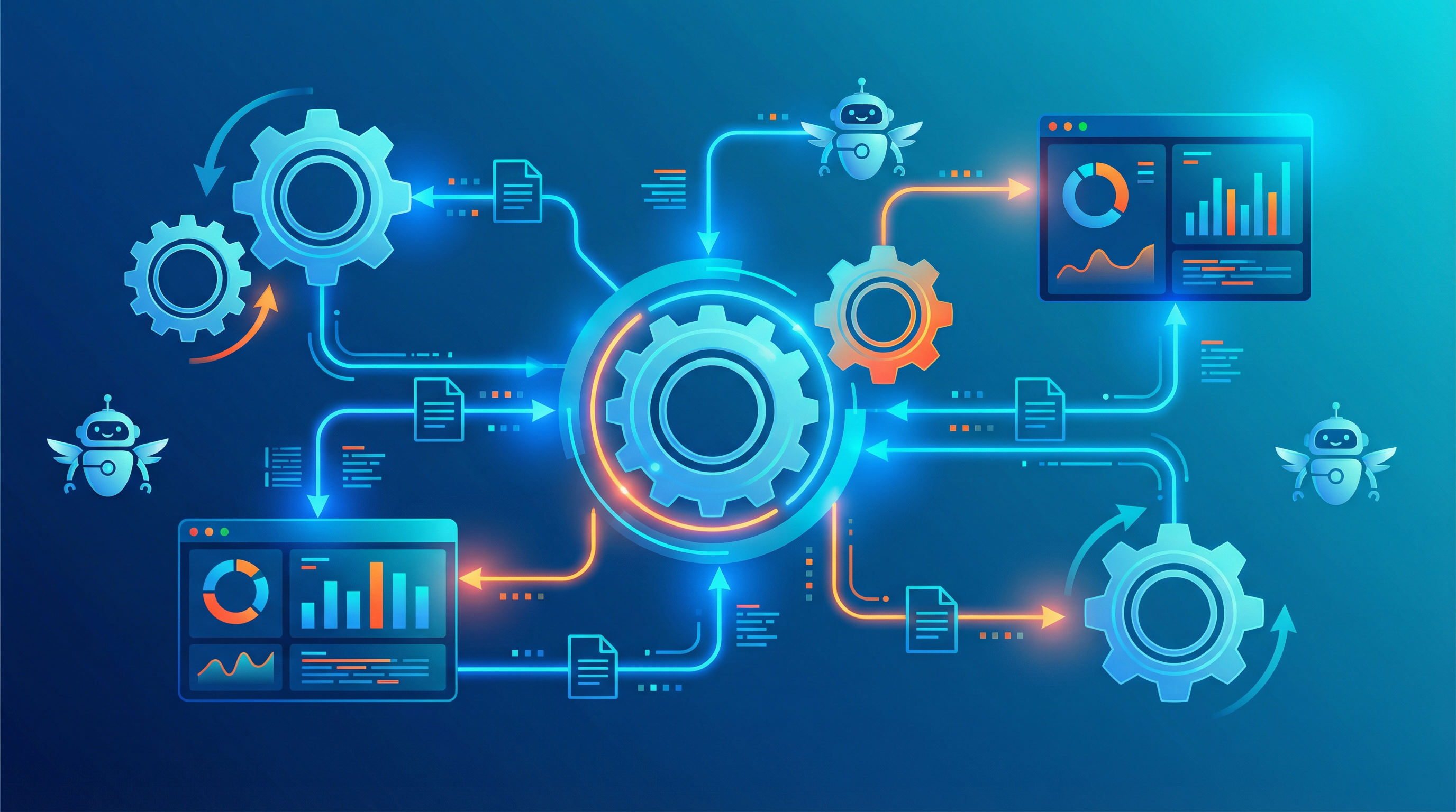 Automação de Processos Robóticos (RPA) com robôs digitais processando fluxos de trabalho e documentos em múltiplos sistemas